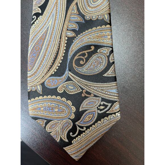 NWT Nordstrom Black Gold Blue Paisley‎ 100% Silk Tie Handmade in USA $65 - Picture 3 of 8
